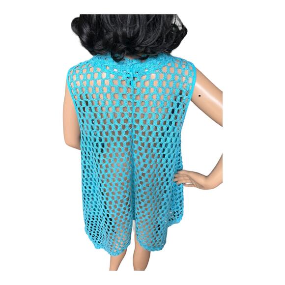Kaktus sleeveless Tunic Open Weave Crochet Lagenlook Boho in blue size large - Picture 9 of 12